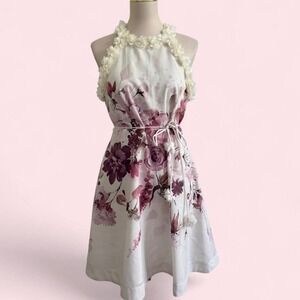 Anewsta White Floral Halter Dress with Rosette Neckline & Belt Size M